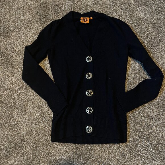 Tory Burch 100% Merino Wool V-Neck Cardigan Sz XS Navy Blue Gold Logo Buttons - Picture 1 of 4